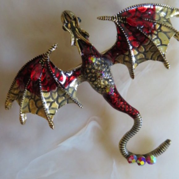 Dramatic RED & Gold Alloy DRAGON Brooch / Pendant (K304) - Picture 1 of 5